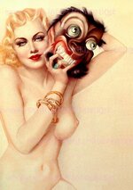 Wonderful 1920's Colour Illustration Of A Blonde Pin Up Model Holding A Primitive Masque Mask ...jpg