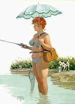 Hilda - standing in water fishing, green umbrella, dog checks out bait pail.jpg